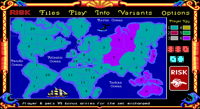 The Computer Edition of Risk: The World Conquest Game (DOS) screenshot: Near completion