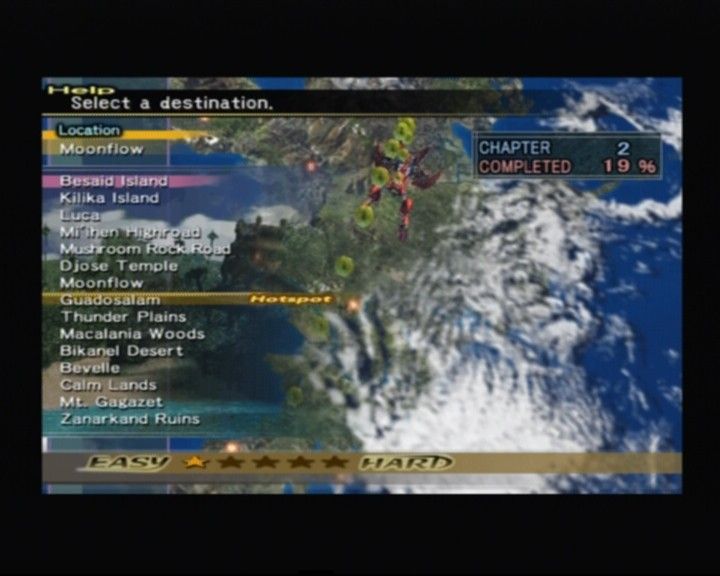 Final Fantasy X-2 (PlayStation 2) screenshot: Sort of a world map that lets you go wherever you like (hotspots are where the spheres can be found)
