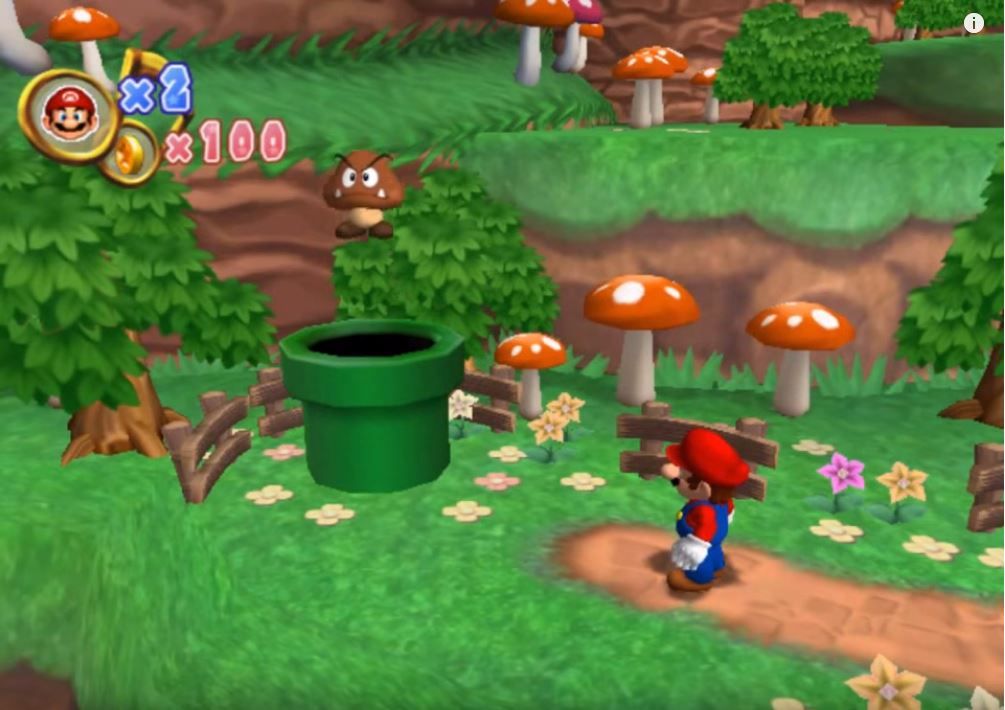 Dance Dance Revolution: Mario Mix (GameCube) screenshot: Goombas are blocking Mario's path.