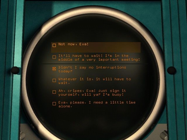 Grim Fandango (Windows) screenshot: Your boss is using computer voice messages when he's not in his office