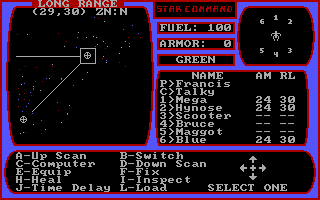 Star Command (DOS) screenshot: Finally -- SPACE! A long range scan.