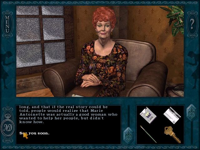 Nancy Drew: Treasure in the Royal Tower (Windows) screenshot: Finally having a conversation with Professor Hotchkiss