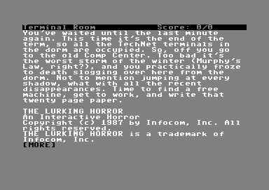The Lurking Horror (Commodore 64) screenshot: The starting location.
