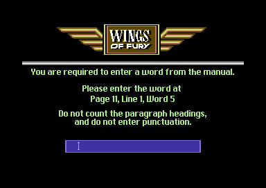 Wings of Fury (Commodore 64) screenshot: The copy protection screen.