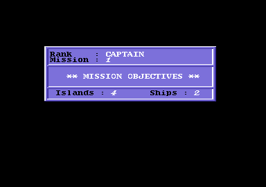 Wings of Fury (Commodore 64) screenshot: Your mission objectives: Two ships and four islands.