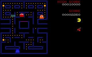 Pac PC (DOS) screenshot: The player has eaten a power pill and has hunted down three ghosts, the first scored 200 points, the second 400 and this last one has scored 800