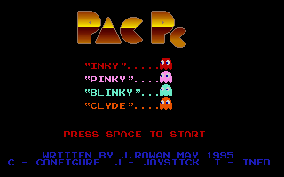 Pac PC (DOS) screenshot: The game's title screen<br>This starts out pretty bare but the ghosts arrive one by one to fill it out