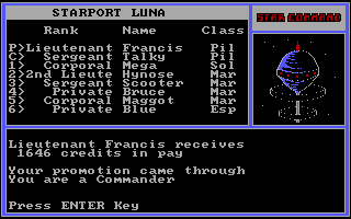 Star Command (DOS) screenshot: ... as well as pay and promotions. Hey look, I'm a Commander now!