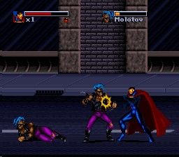 The Death and Return of Superman (SNES) screenshot: Krypton's Last Son beats some punks