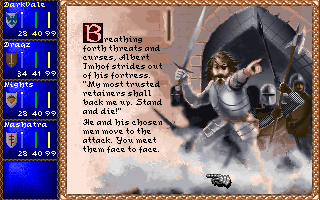 Darklands (DOS) screenshot: Prepare for combat! Challenging a Raubritter (Robber Knight) to personal combat.