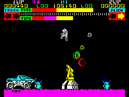 Lunar Jetman (ZX Spectrum) screenshot: Pick the bomb and drop it in the direction of the main turret.