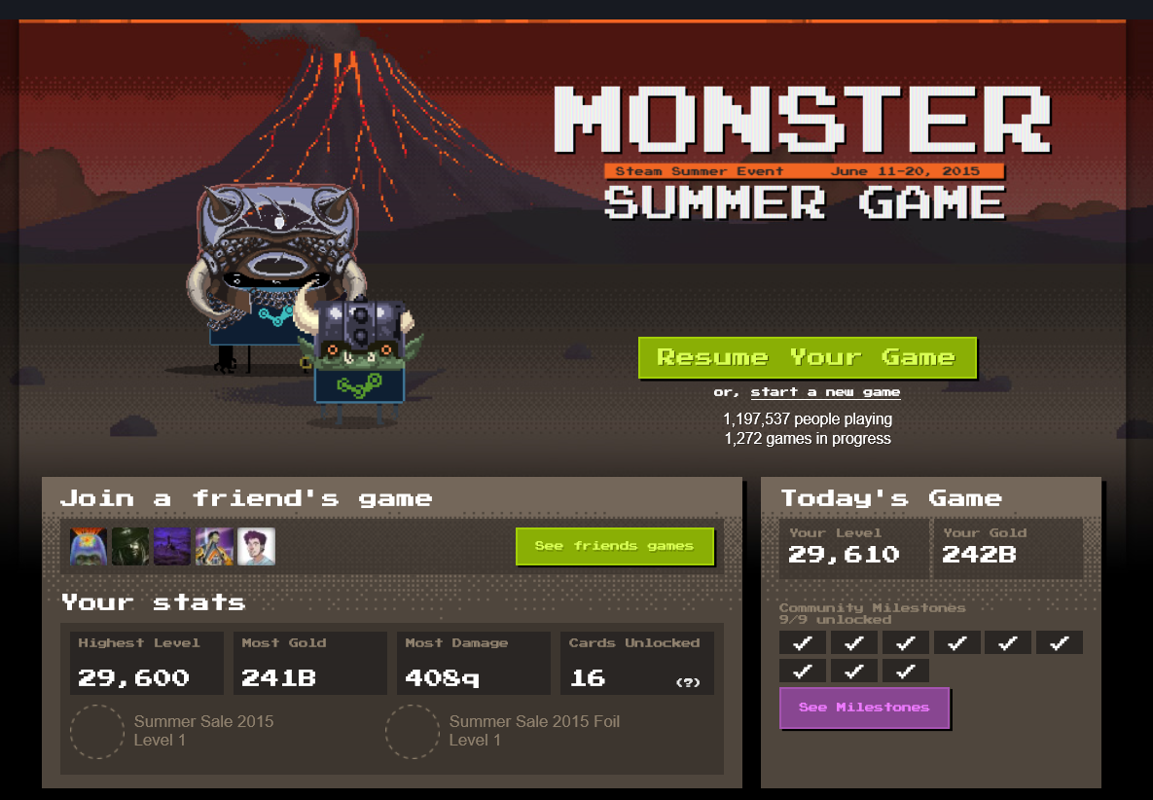 Monster Summer Game (Browser) screenshot: Resume your game or start a new one.