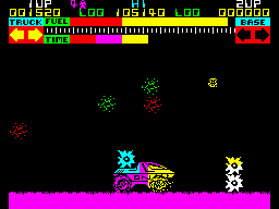 Lunar Jetman (ZX Spectrum) screenshot: I should have had parked the rover. It's not a good idea to collide with an alien space station.