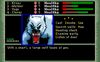 The Dark Heart of Uukrul (DOS) screenshot: Getting attacked by a wolf