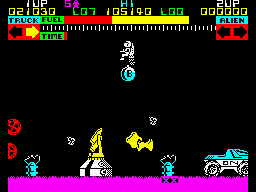 Lunar Jetman (ZX Spectrum) screenshot: Being fired from the minor turrets. Enemy entities everywhere and no time left. A desperate attempt to blow the base...
