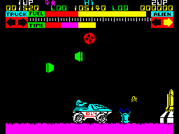 Lunar Jetman (ZX Spectrum) screenshot: Reaching an alien base. These apparatus are everywhere.