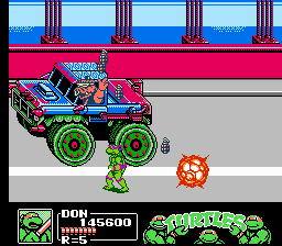 Teenage Mutant Ninja Turtles III: The Manhattan Project (NES) screenshot: Bebop shows off his new truck and explosives
