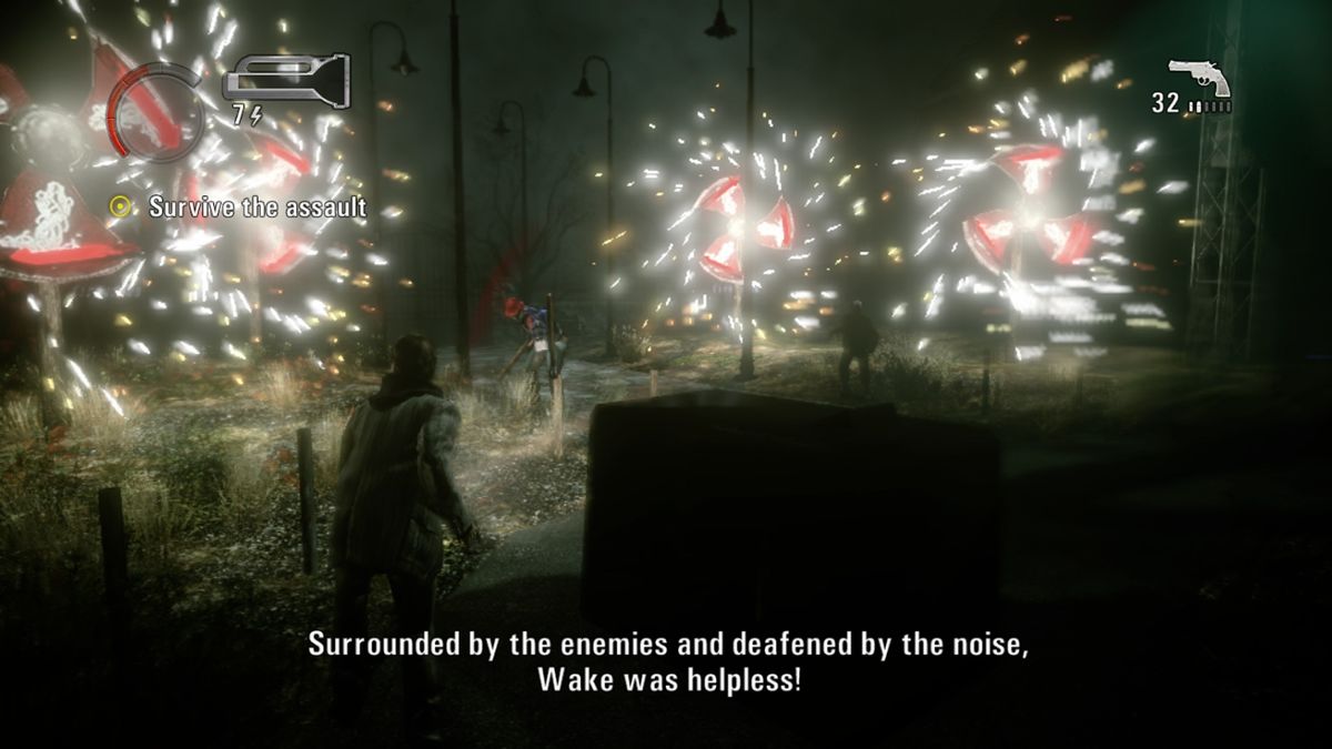 Alan Wake: The Writer (Xbox One) screenshot: Fireworks will help you with the Taken by making them vulnerable to your firearms