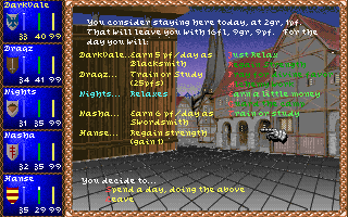 Darklands (DOS) screenshot: At the local inn you can train various abilities, heal wounds, work to pay the rent, or just relax.