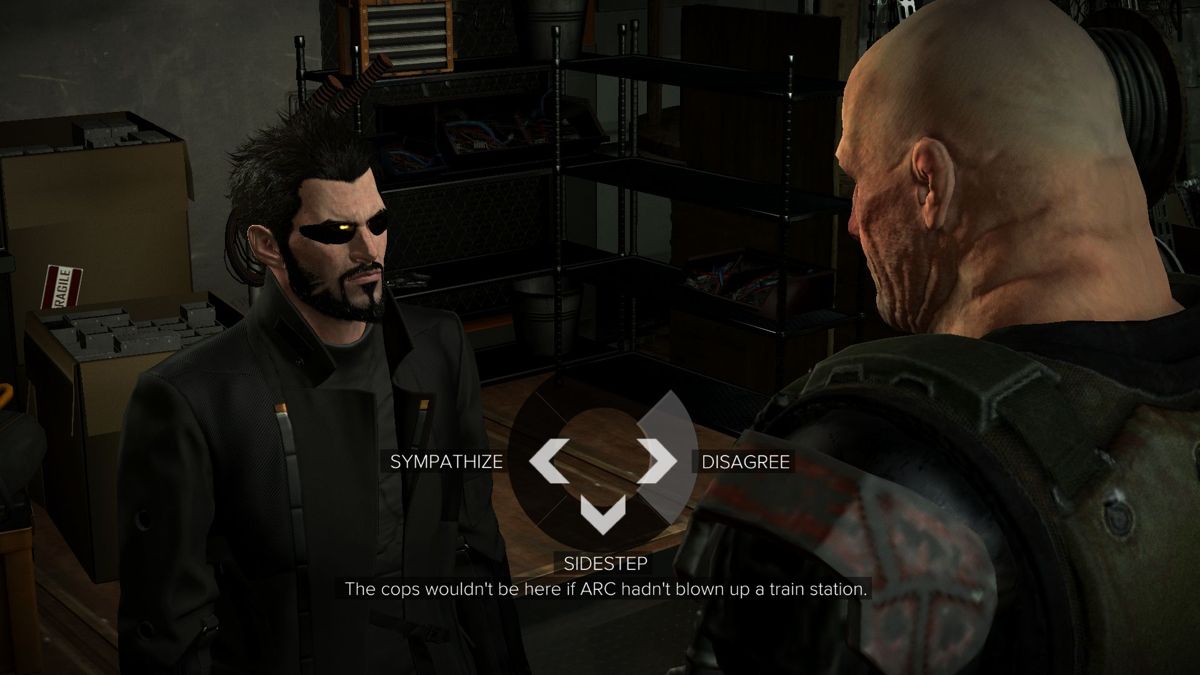 Deus Ex: Mankind Divided (Windows) screenshot: Conversations may lead to different outcomes, depending on your attitude