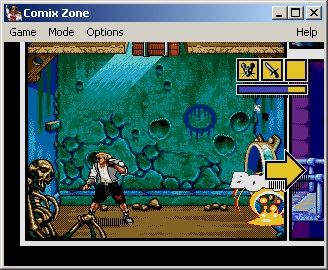 Comix Zone (Windows) screenshot: Using dynamite to open way to a new frame.
