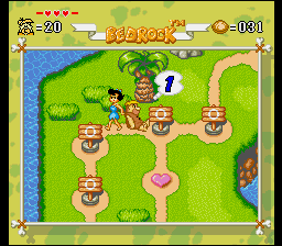 The Flintstones: The Treasure of Sierra Madrock (SNES) screenshot: Barney got caught by Betty and is dragged back a few fields