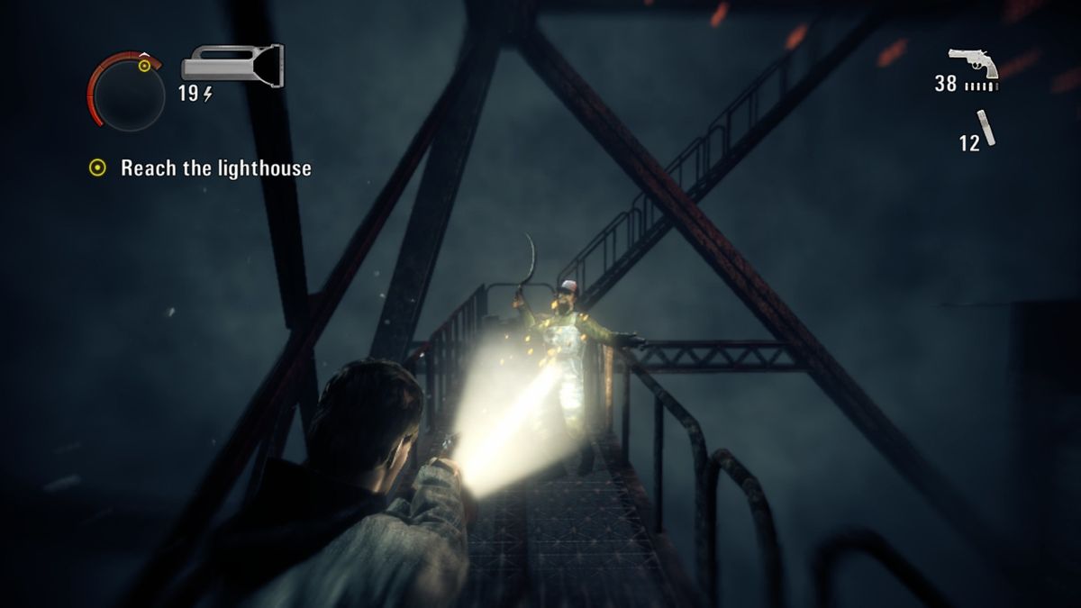 Alan Wake: The Writer (Xbox One) screenshot: One of the Taken tried to surprise me by climbing on the bridge's stairwell