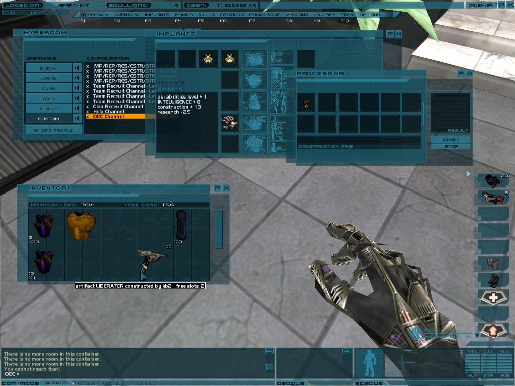 Neocron (Windows) screenshot: player constructed sub-machine gun and a few rpos windows
