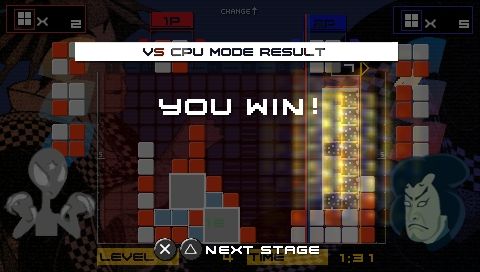 Lumines: Puzzle Fusion (PSP) screenshot: You win screen in Vs CPU Mode.