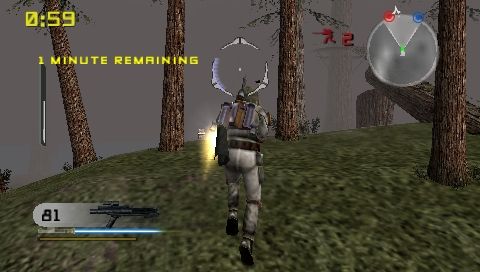 Star Wars: Battlefront II (PSP) screenshot: Boba Fett is flying with a Jetpack.