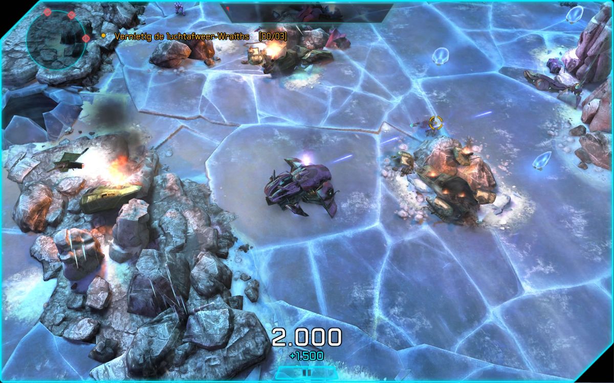 Halo: Spartan Assault (Windows) screenshot: Controlling a powerful vehicle in search for AA artillery (Dutch version).