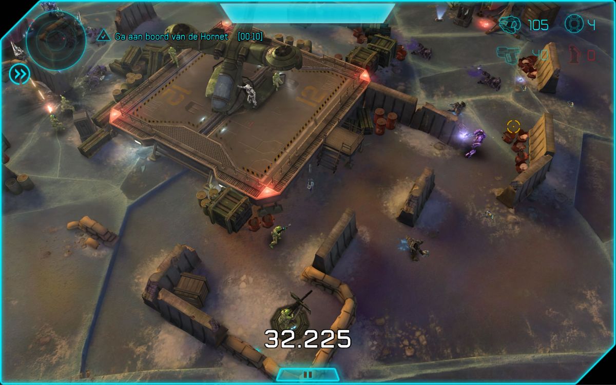 Halo: Spartan Assault (Windows) screenshot: Defend the Hornet against enemies approaching from all sides (Dutch version).