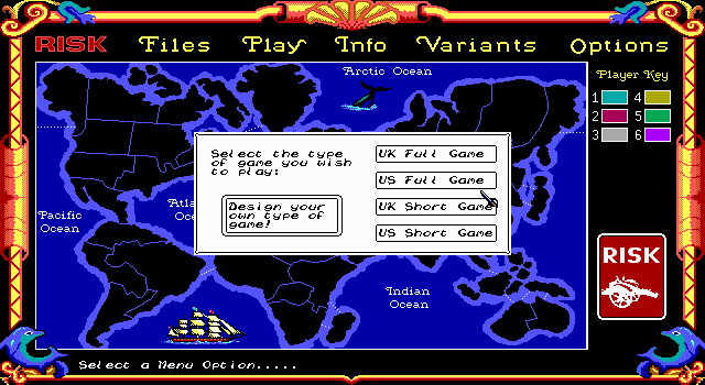 The Computer Edition of Risk: The World Conquest Game (DOS) screenshot: Main rules selection