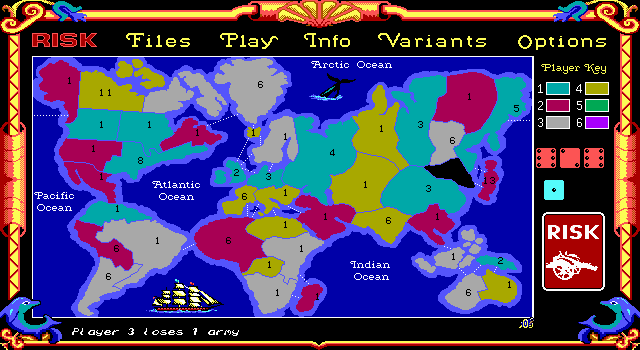 The Computer Edition of Risk: The World Conquest Game (DOS) screenshot: Game in Progress