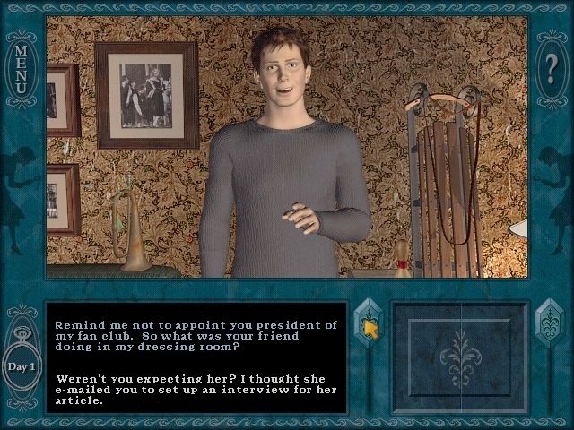 Nancy Drew: The Final Scene (Windows) screenshot: Nancy meets Brady Armstrong. Choose which questions to ask by scrolling with the middle bar.