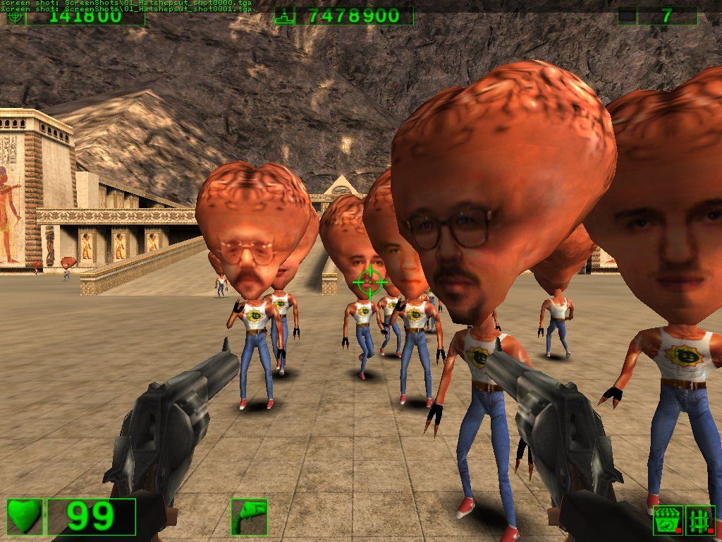 Serious Sam: The First Encounter (Windows) screenshot: Croteam makes a cameo appearance... what ARE they putting in the water over there in Croatia?