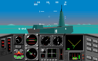 MiG-29 Fulcrum (DOS) screenshot: The objective is to read the numbers on the Submarine's side...could you figure them out?