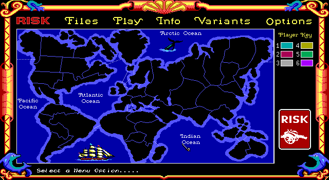 The Computer Edition of Risk: The World Conquest Game (DOS) screenshot: Game screen, no game in progress