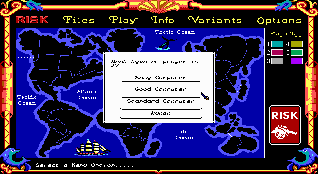 The Computer Edition of Risk: The World Conquest Game (DOS) screenshot: Except player one, each player can have a different setting