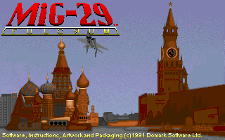MiG-29 Fulcrum (DOS) screenshot: Title Screen showing a MiG-29 flying over Red Square in Moscow