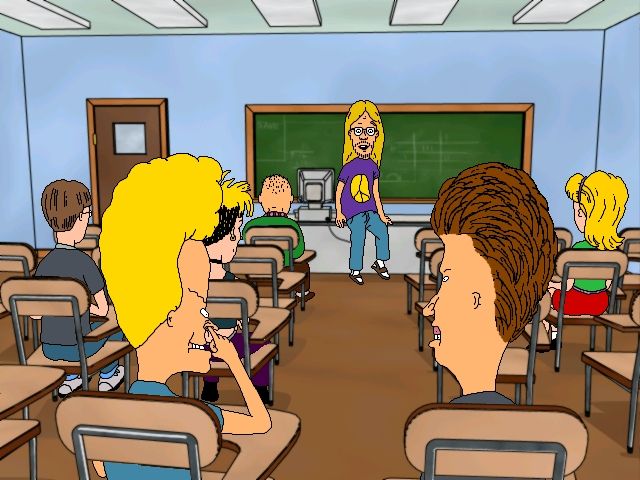 MTV's Beavis and Butt-Head: Do U. (Windows) screenshot: "Van Driessen says we gotta go to college." "Field Trips suck."