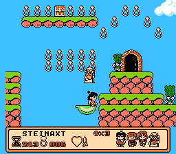 Banana Prince (NES) screenshot: Rings, moving platforms, and cave entrances