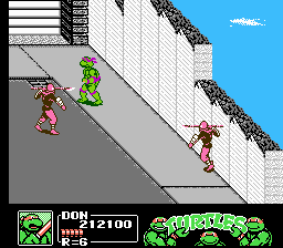 Teenage Mutant Ninja Turtles III: The Manhattan Project (NES) screenshot: Foot Clan Harpoon soldiers attack!