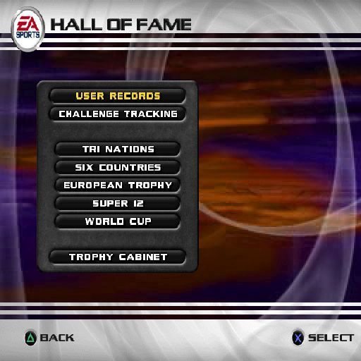 Rugby 2004 (PlayStation 2) screenshot: The 'Hall of Fame' records the player's achievements in tournaments and in special in-game achievements
