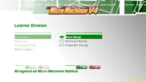 Micro Machines V4 (PSP) screenshot: Race mode and track select screen