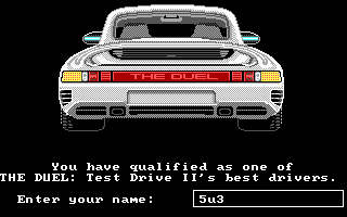 The Duel: Test Drive II (DOS) screenshot: Wohoo! Got a high score! (EGA)