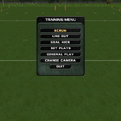 Rugby 2004 (PlayStation 2) screenshot: When the player elects to play they are given the choice of tournament play, training, or loading an existing game. This is the training menu