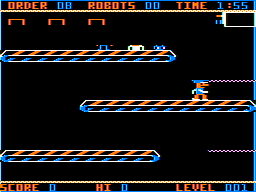 Panic Button (TRS-80 CoCo) screenshot: Game play level 1 - start making robots!