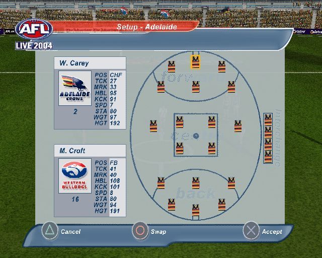 AFL Live 2004 (PlayStation 2) screenshot: During a game the player can access an in-game menu which allows them to change tactics, change game options such as sound, view statistics and team setup