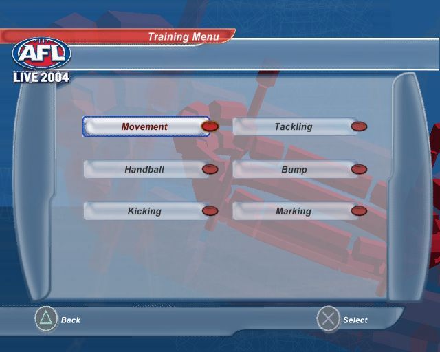 AFL Live 2004 (PlayStation 2) screenshot: The player can practice various elements of the game, this is the training menu